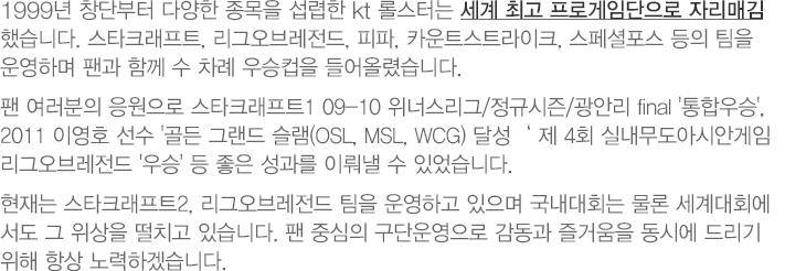 1999년 창단부터 다양한 종목을 섭렵한 kt 롤스터는 세계 최고 프로게임단으로 자리매김했습니다. 스타크래프트, 리그오브레전드, 피파, 카운트스트라이크, 스페셜포스 등의 팀을 운영하며 팬과 함께 수 차례 우승컵을 들어올렸습니다. 팬 여러분의 응원으로 스타크래프트1 09-10 위너스리그/정규시즌/광안리 final '통합우승', 2011 이영호 선수 '골든 그랜드 슬램(OSL, MSL, WCG) 달성‘ 제 4회 실내무도아시안게임 리그오브레전드 '우승' 등 좋은 성과를 이뤄낼 수 있었습니다. 현재는 스타크래프트2, 리그오브레전드 팀을 운영하고 있으며 국내대회는 물론 세계대회에서도 그 위상을 떨치고 있습니다. 팬 중심의 구단운영으로 감동과 즐거움을 동시에 드리기 위해 항상 노력하겠습니다.